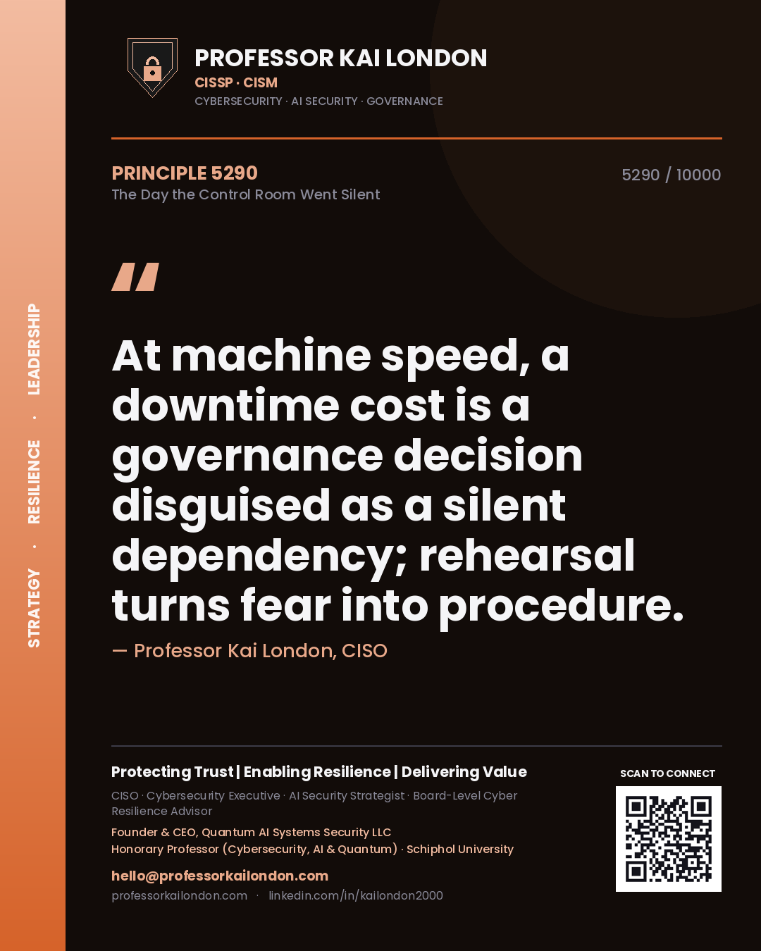 Quote card by Professor Kai London reading 'At machine speed, a downtime cost is a governance decision disguised as a silent dependency; rehearsal turns fear into procedure.'. From the book The Day the Control Room Went Silent.