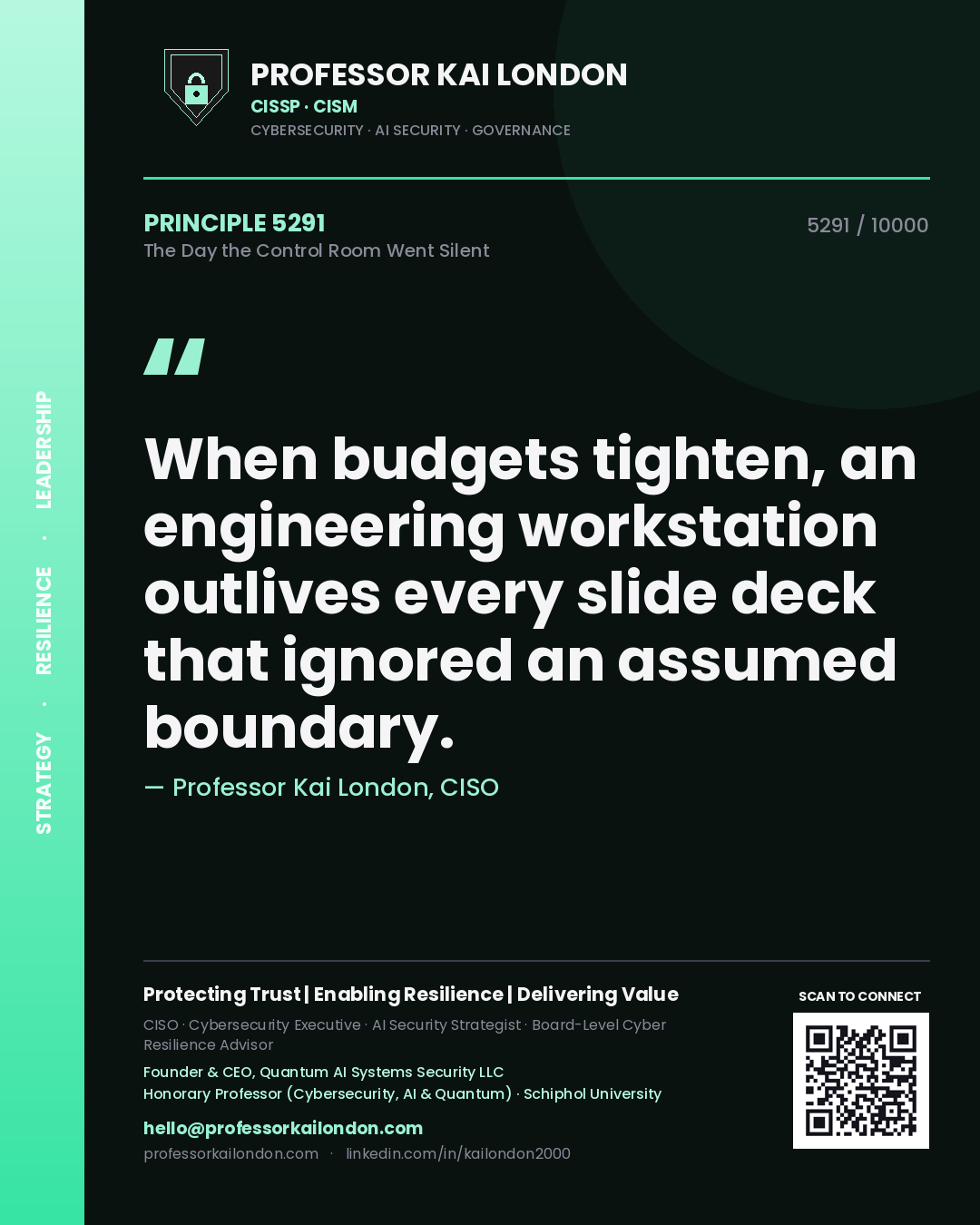 Quote card by Professor Kai London reading 'When budgets tighten, an engineering workstation outlives every slide deck that ignored an assumed boundary.'. From the book The Day the Control Room Went Silent.