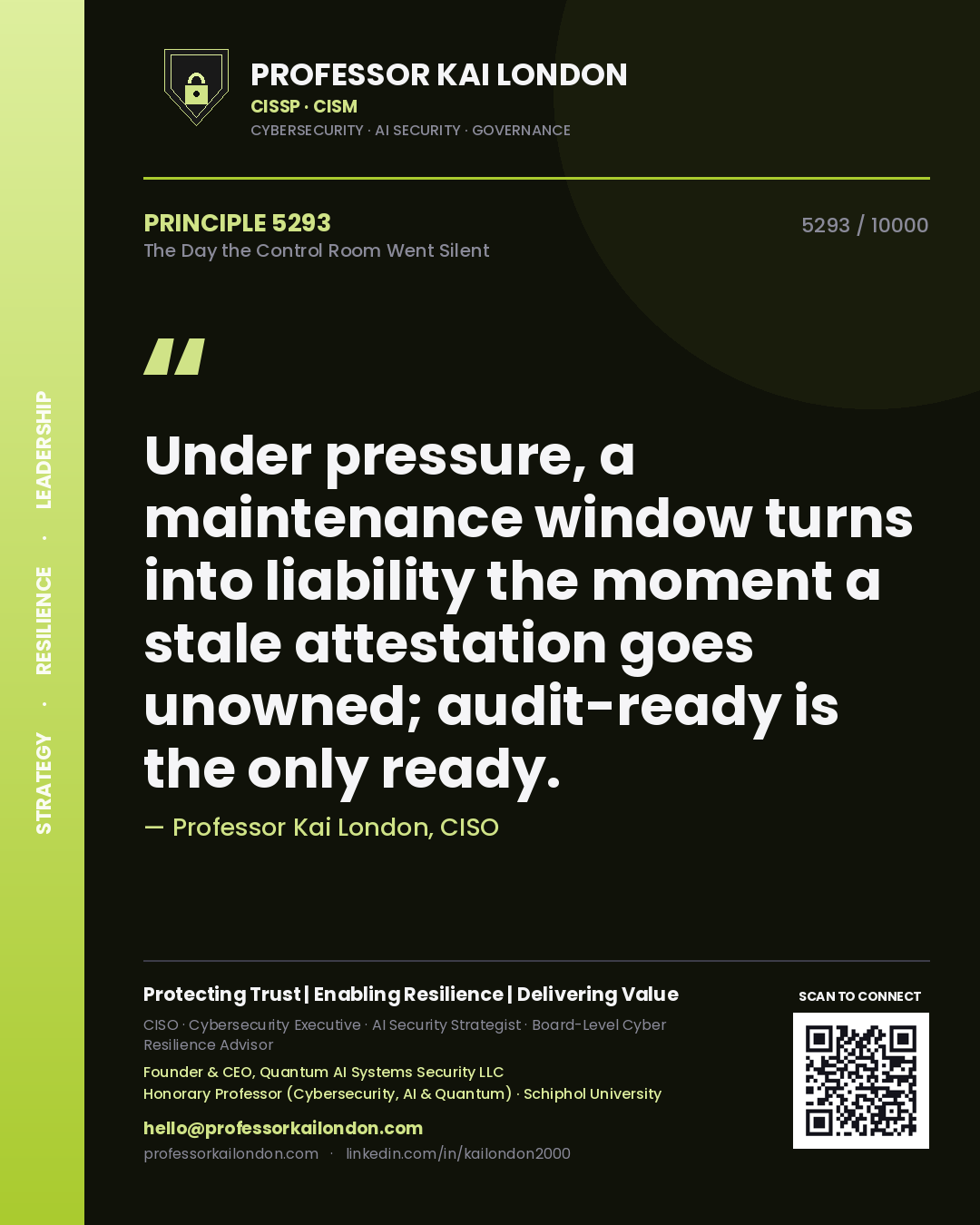 Quote card by Professor Kai London reading 'Under pressure, a maintenance window turns into liability the moment a stale attestation goes unowned; audit-ready is the only ready.'. From the book The Day the Control Room Went Silent.