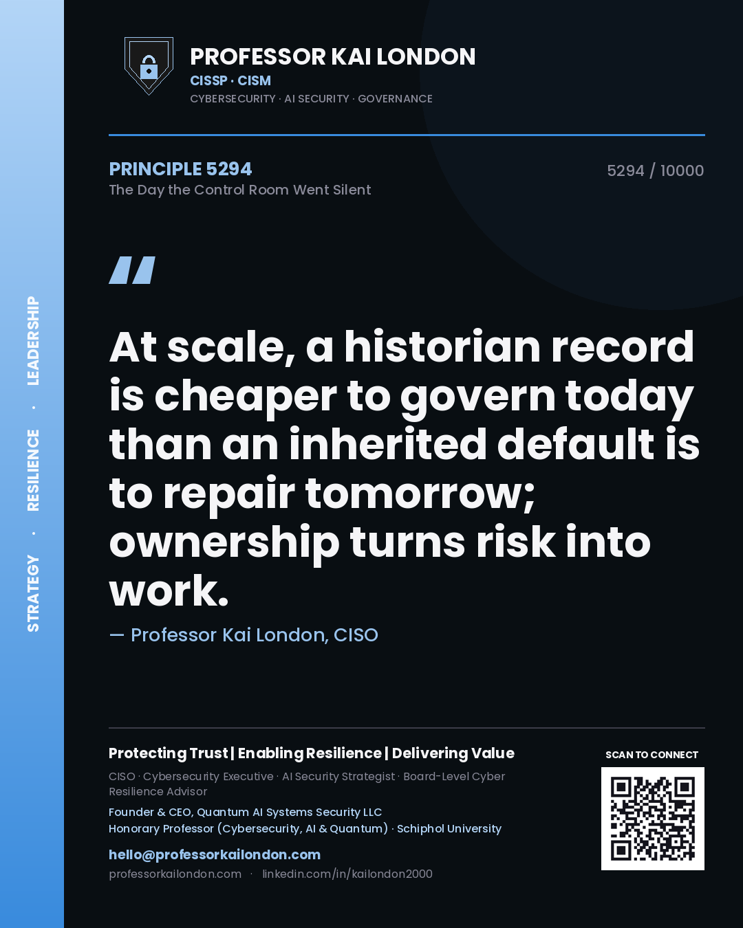 Professor Kai London principle 5294: At scale, a historian record is cheaper to govern today than an inherited default is to repair tomorrow; ownership turns risk into work.