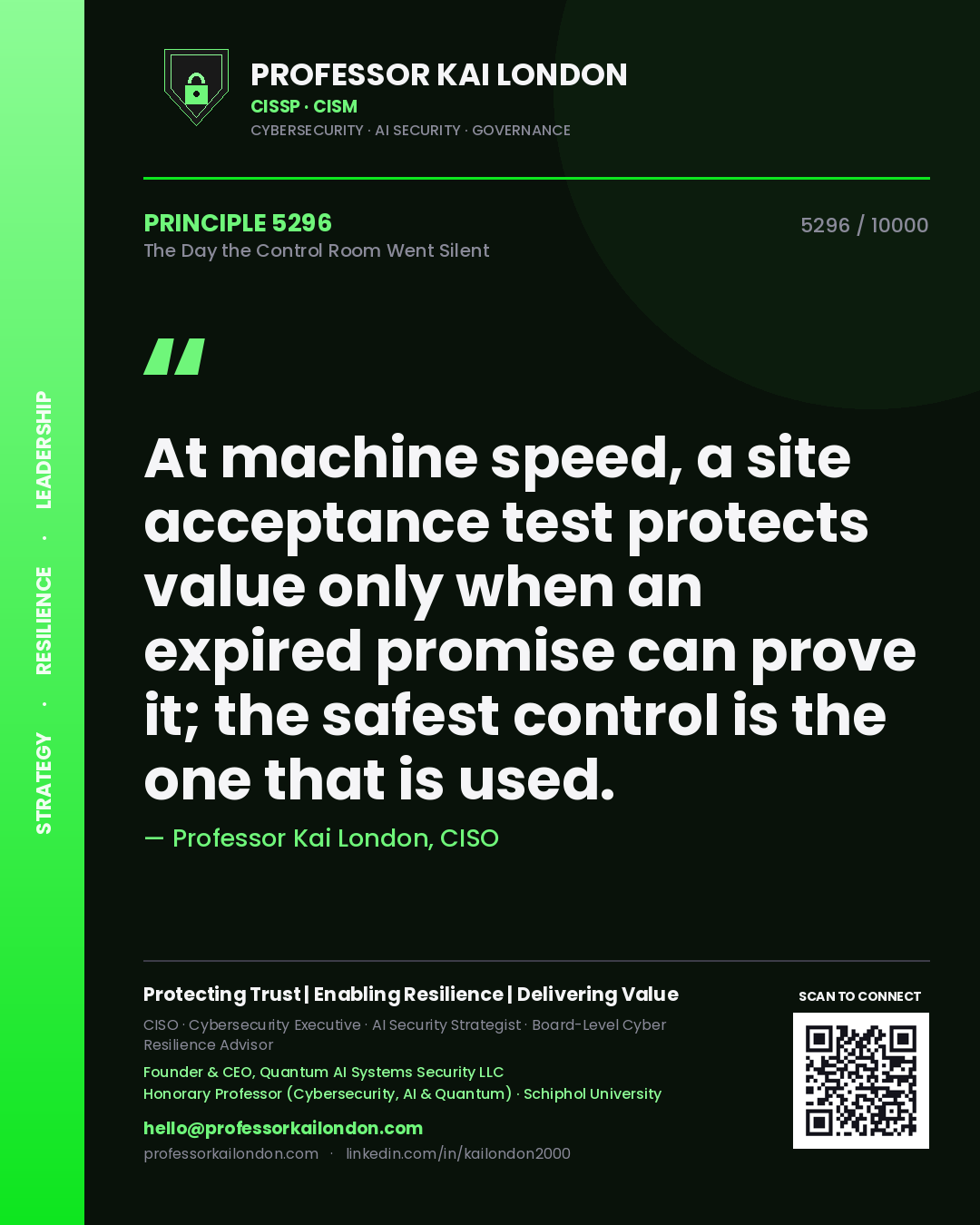 Quote card by Professor Kai London reading 'At machine speed, a site acceptance test protects value only when an expired promise can prove it; the safest control is the one that is used.'. From the book The Day the Control Room Went Silent.