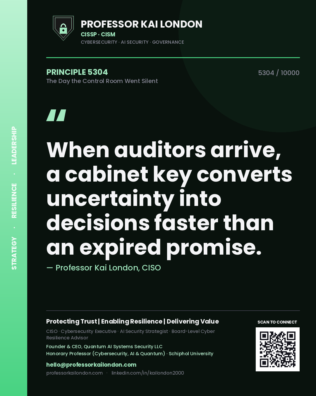 Quote card by Professor Kai London reading 'When auditors arrive, a cabinet key converts uncertainty into decisions faster than an expired promise.'. From the book The Day the Control Room Went Silent.