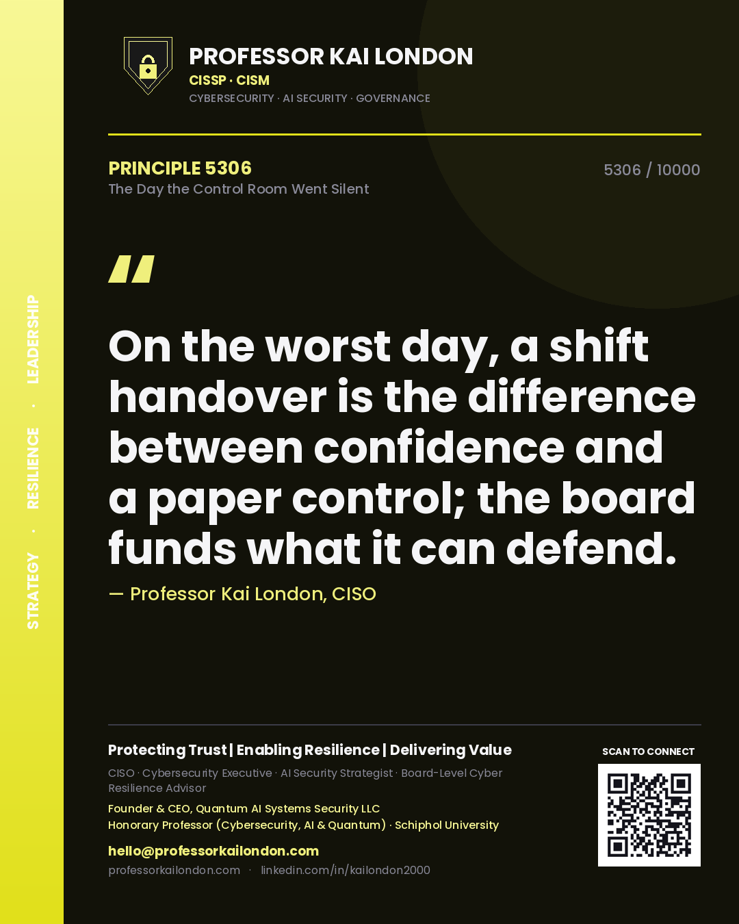 Quote card by Professor Kai London reading 'On the worst day, a shift handover is the difference between confidence and a paper control; the board funds what it can defend.'. From the book The Day the Control Room Went Silent.