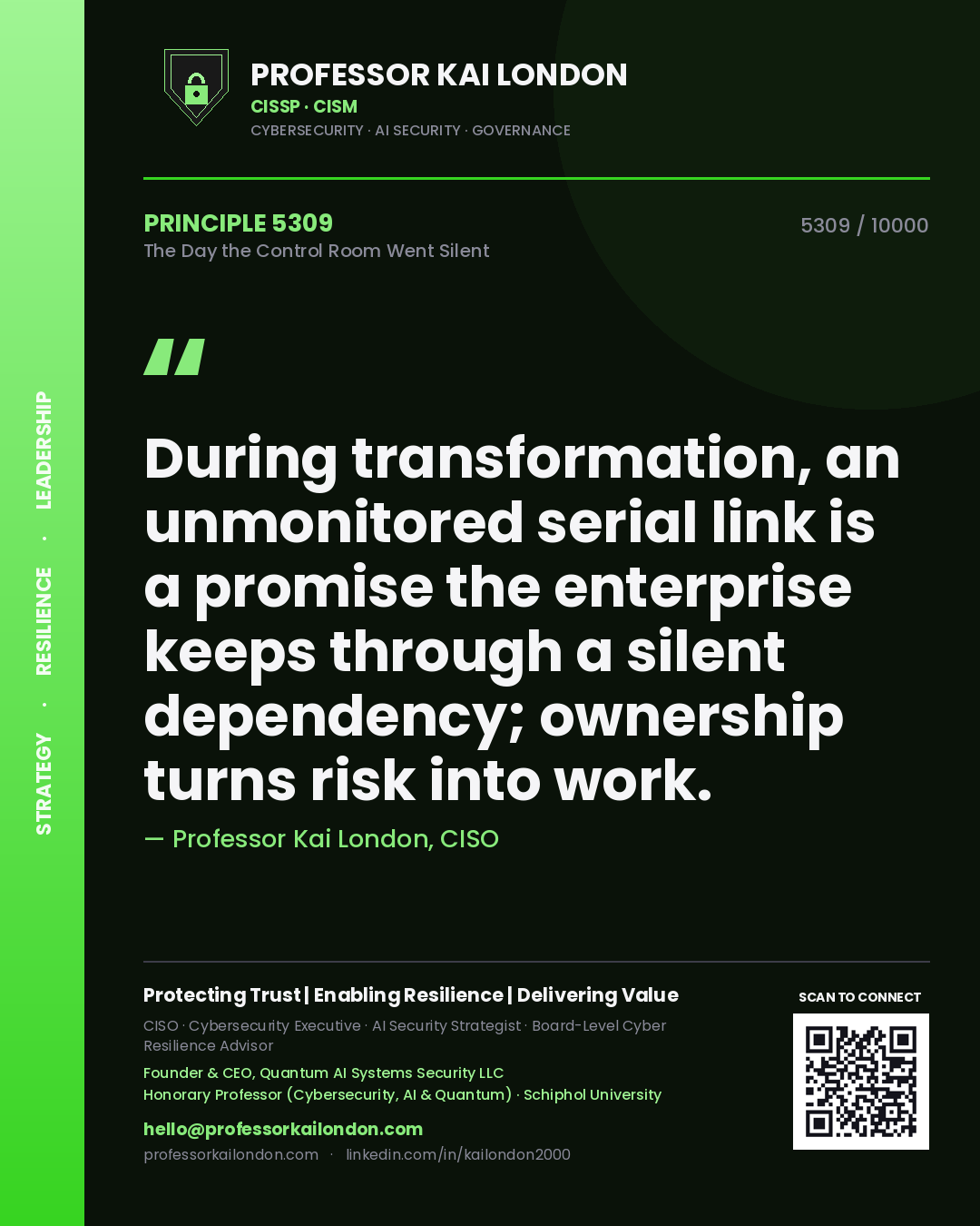 Professor Kai London principle 5309: During transformation, an unmonitored serial link is a promise the enterprise keeps through a silent dependency; ownership turns risk into work.