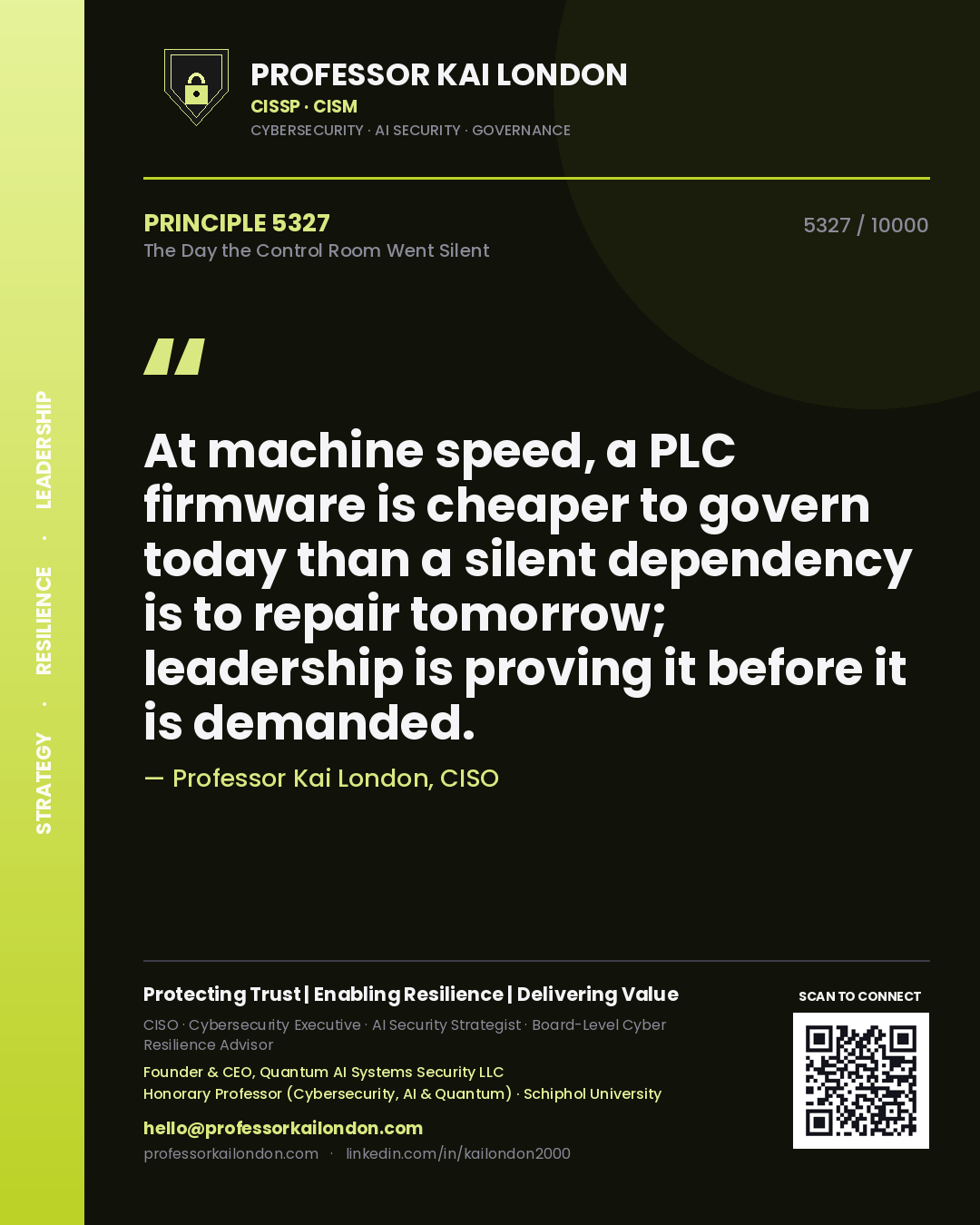 Quote card by Professor Kai London reading 'At machine speed, a PLC firmware is cheaper to govern today than a silent dependency is to repair tomorrow; leadership is proving it before it is demanded.'. From the book The Day the Control Room Went Silent.
