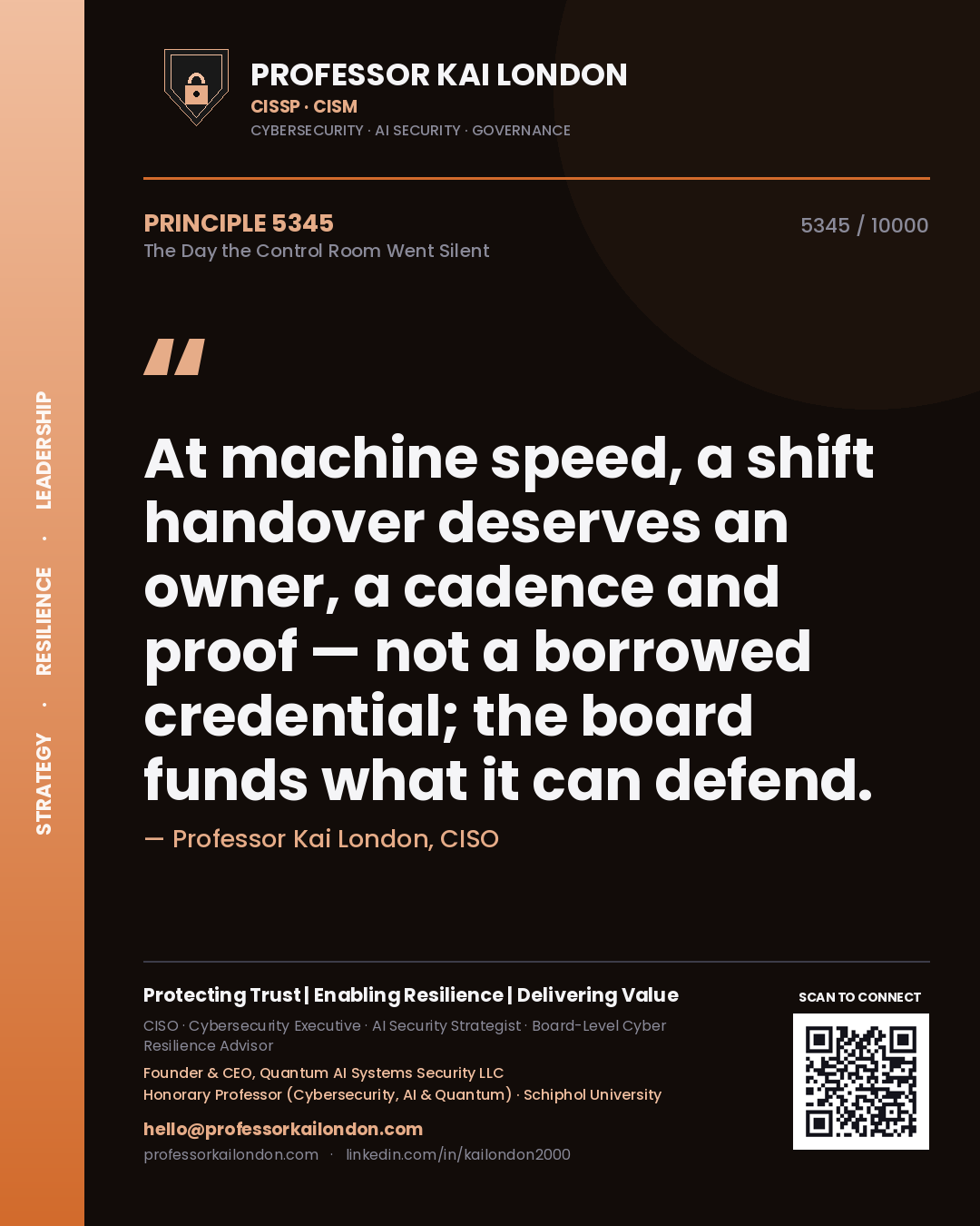 Quote card by Professor Kai London reading 'At machine speed, a shift handover deserves an owner, a cadence and proof — not a borrowed credential; the board funds what it can defend.'. From the book The Day the Control Room Went Silent.