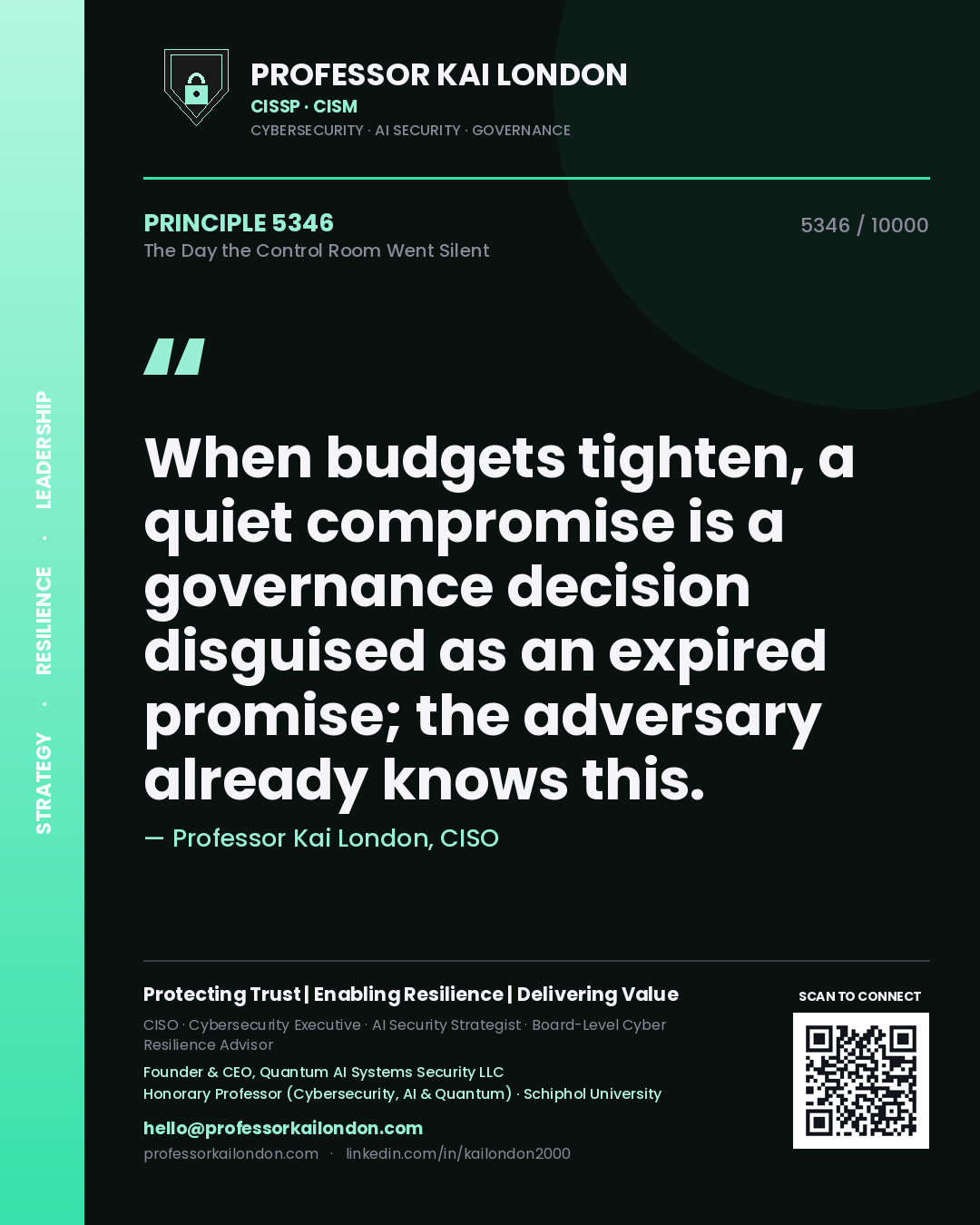 Professor Kai London principle 5346: When budgets tighten, a quiet compromise is a governance decision disguised as an expired promise; the adversary already knows this.
