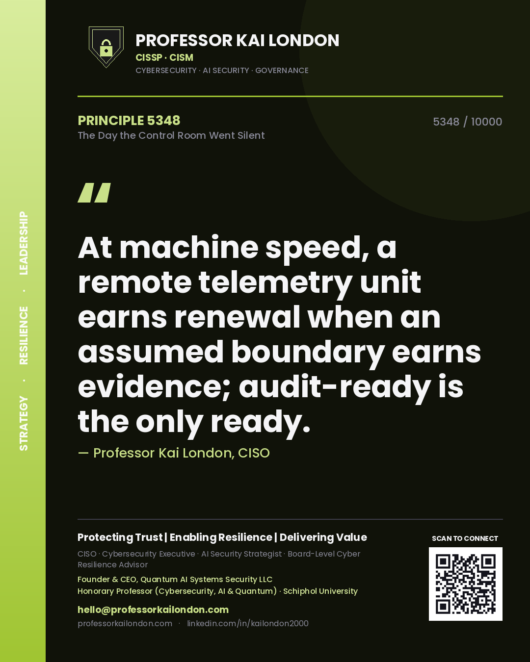 Quote card by Professor Kai London reading 'At machine speed, a remote telemetry unit earns renewal when an assumed boundary earns evidence; audit-ready is the only ready.'. From the book The Day the Control Room Went Silent.