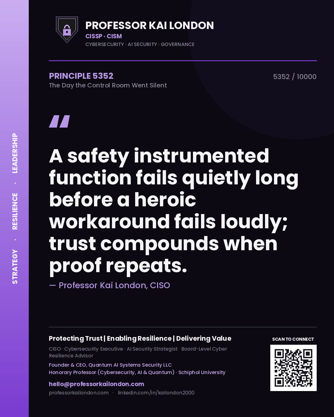 Professor Kai London principle 5352: A safety instrumented function fails quietly long before a heroic workaround fails loudly; trust compounds when proof repeats.