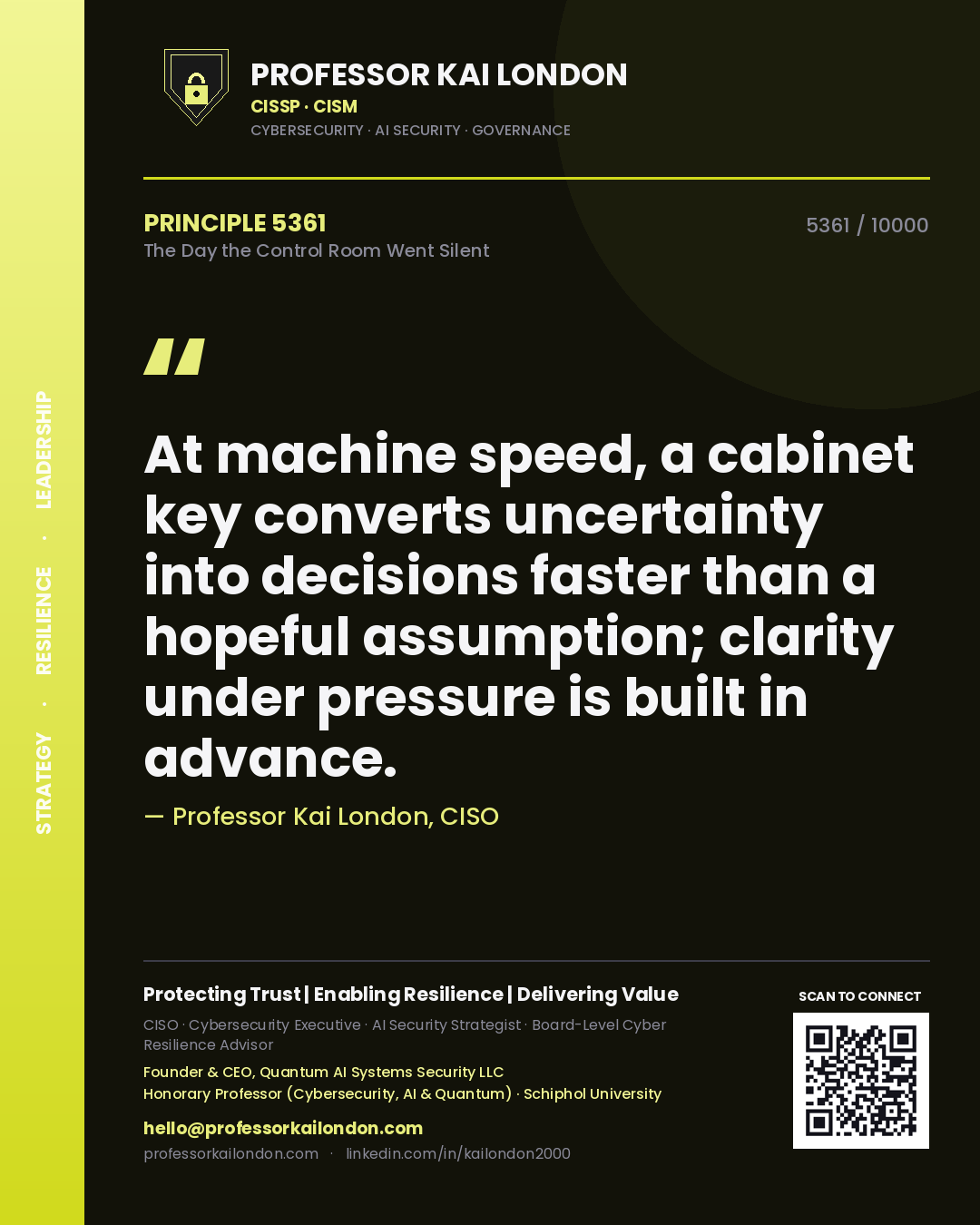 Quote card by Professor Kai London reading 'At machine speed, a cabinet key converts uncertainty into decisions faster than a hopeful assumption; clarity under pressure is built in advance.'. From the book The Day the Control Room Went Silent.
