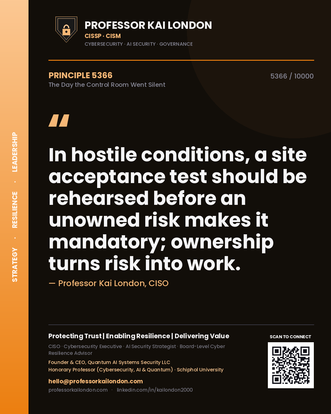 Professor Kai London principle 5366: In hostile conditions, a site acceptance test should be rehearsed before an unowned risk makes it mandatory; ownership turns risk into work.