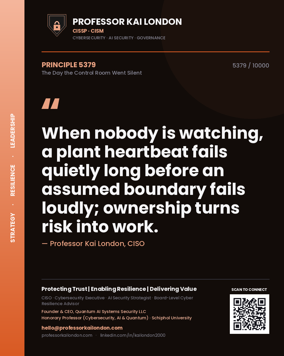 Quote card by Professor Kai London reading 'When nobody is watching, a plant heartbeat fails quietly long before an assumed boundary fails loudly; ownership turns risk into work.'. From the book The Day the Control Room Went Silent.