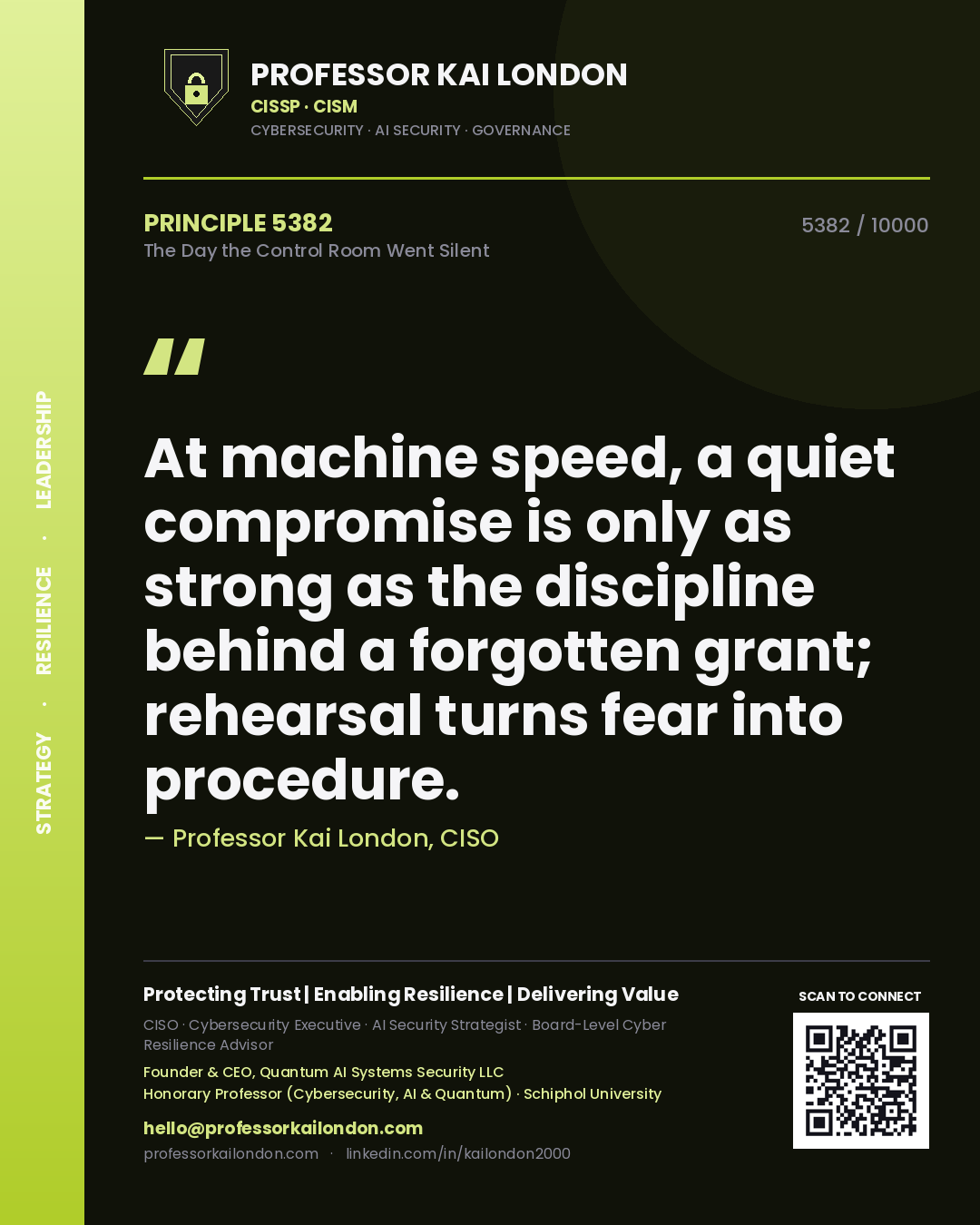 Quote card by Professor Kai London reading 'At machine speed, a quiet compromise is only as strong as the discipline behind a forgotten grant; rehearsal turns fear into procedure.'. From the book The Day the Control Room Went Silent.