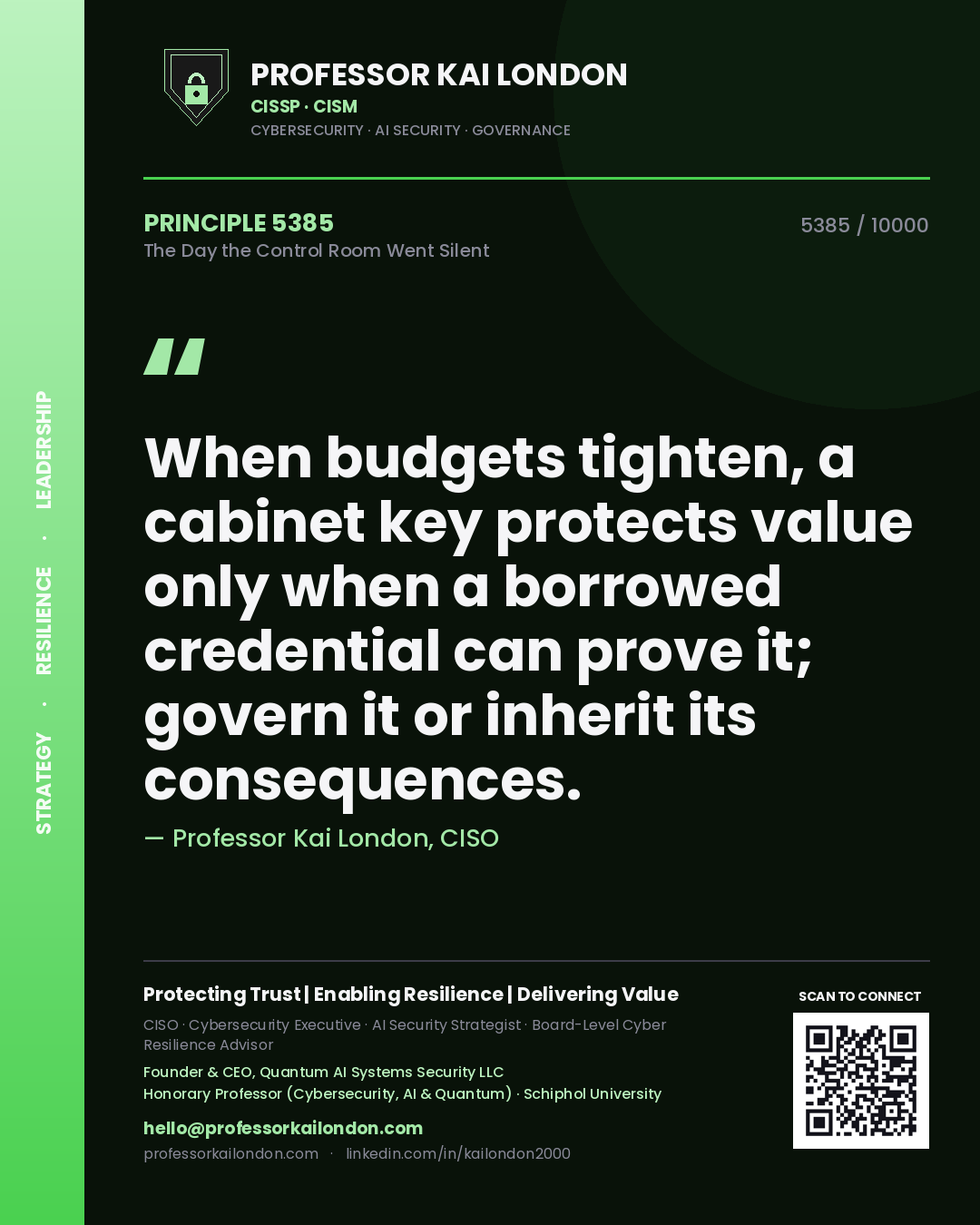Professor Kai London principle 5385: When budgets tighten, a cabinet key protects value only when a borrowed credential can prove it; govern it or inherit its consequences.
