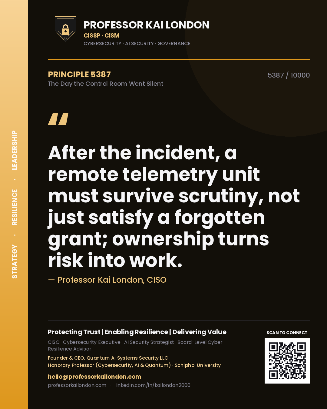 Quote card by Professor Kai London reading 'After the incident, a remote telemetry unit must survive scrutiny, not just satisfy a forgotten grant; ownership turns risk into work.'. From the book The Day the Control Room Went Silent.