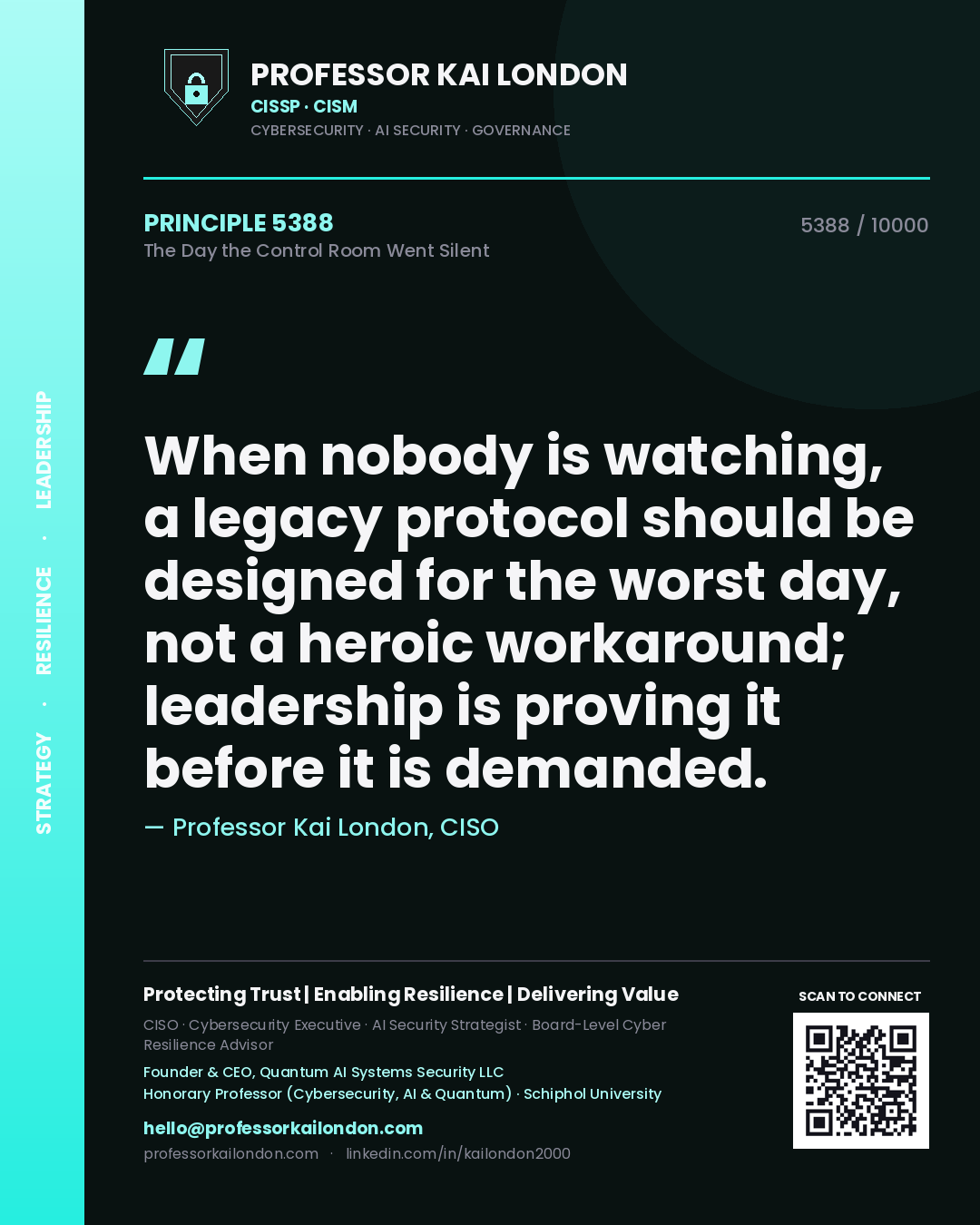 Professor Kai London principle 5388: When nobody is watching, a legacy protocol should be designed for the worst day, not a heroic workaround; leadership is proving it before it is demanded.
