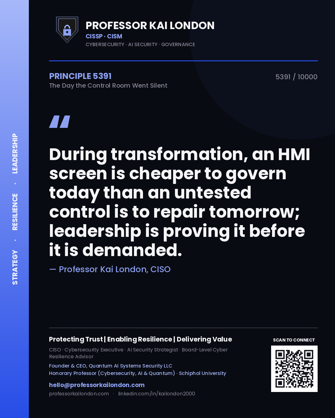 Quote card by Professor Kai London reading 'During transformation, an HMI screen is cheaper to govern today than an untested control is to repair tomorrow; leadership is proving it before it is demanded.'. From the book The Day the Control Room Went Silent.
