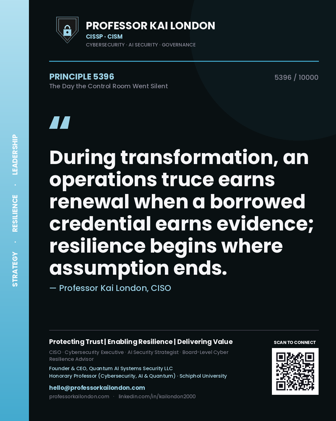 Professor Kai London principle 5396: During transformation, an operations truce earns renewal when a borrowed credential earns evidence; resilience begins where assumption ends.