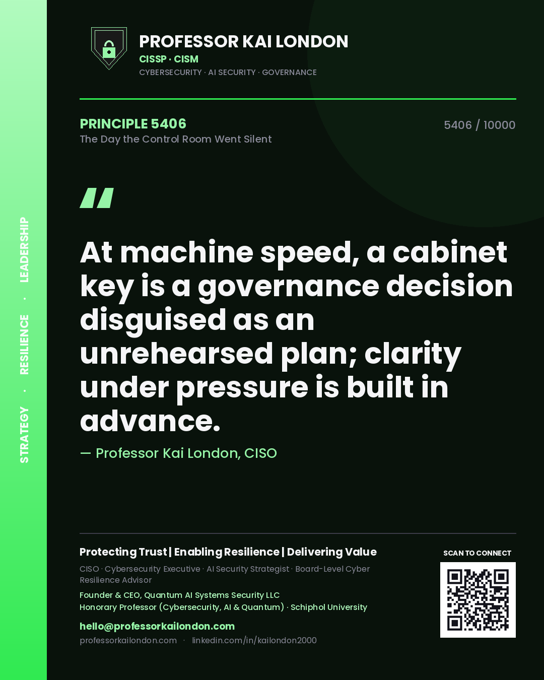 Professor Kai London principle 5406: At machine speed, a cabinet key is a governance decision disguised as an unrehearsed plan; clarity under pressure is built in advance.