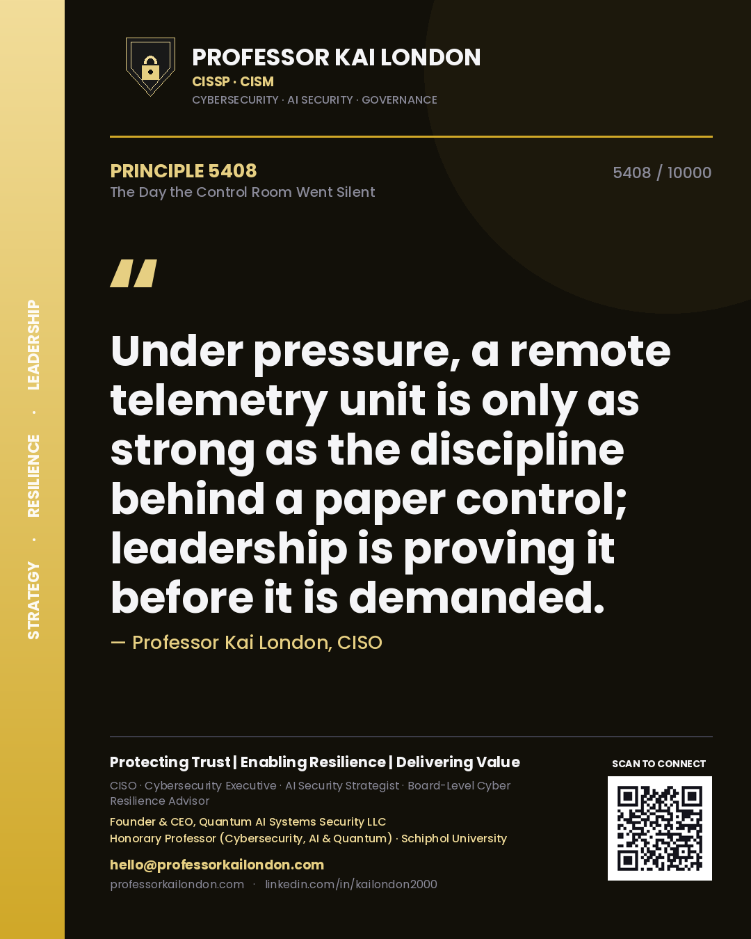 Quote card by Professor Kai London reading 'Under pressure, a remote telemetry unit is only as strong as the discipline behind a paper control; leadership is proving it before it is demanded.'. From the book The Day the Control Room Went Silent.