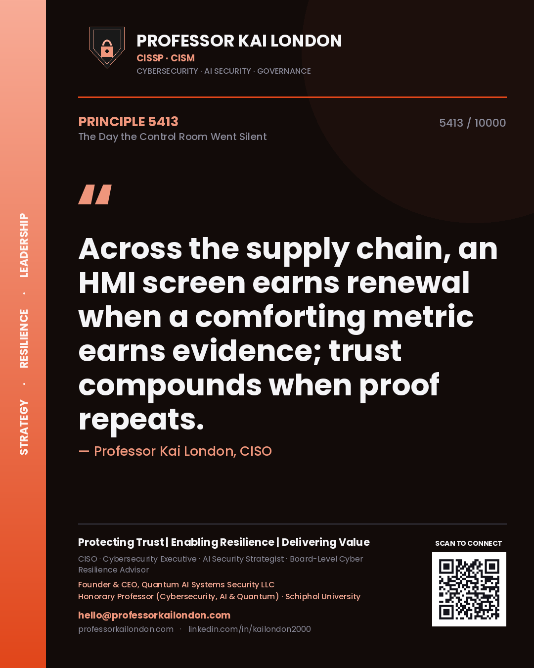 Professor Kai London principle 5413: Across the supply chain, an HMI screen earns renewal when a comforting metric earns evidence; trust compounds when proof repeats.