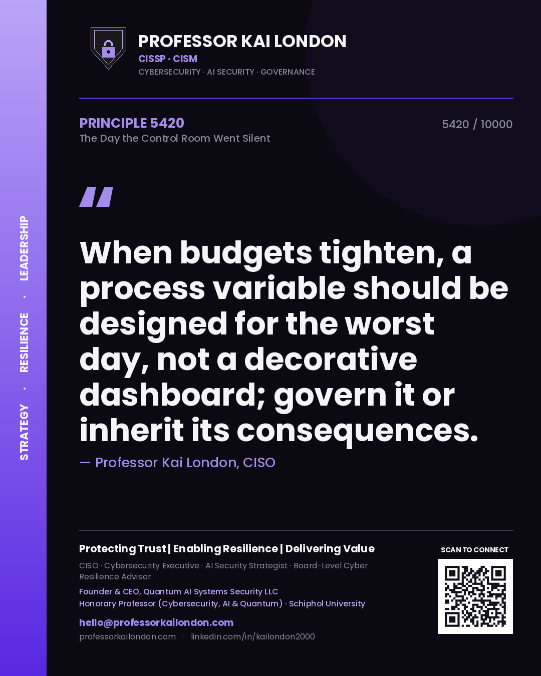 Quote card by Professor Kai London reading 'When budgets tighten, a process variable should be designed for the worst day, not a decorative dashboard; govern it or inherit its consequences.'. From the book The Day the Control Room Went Silent.