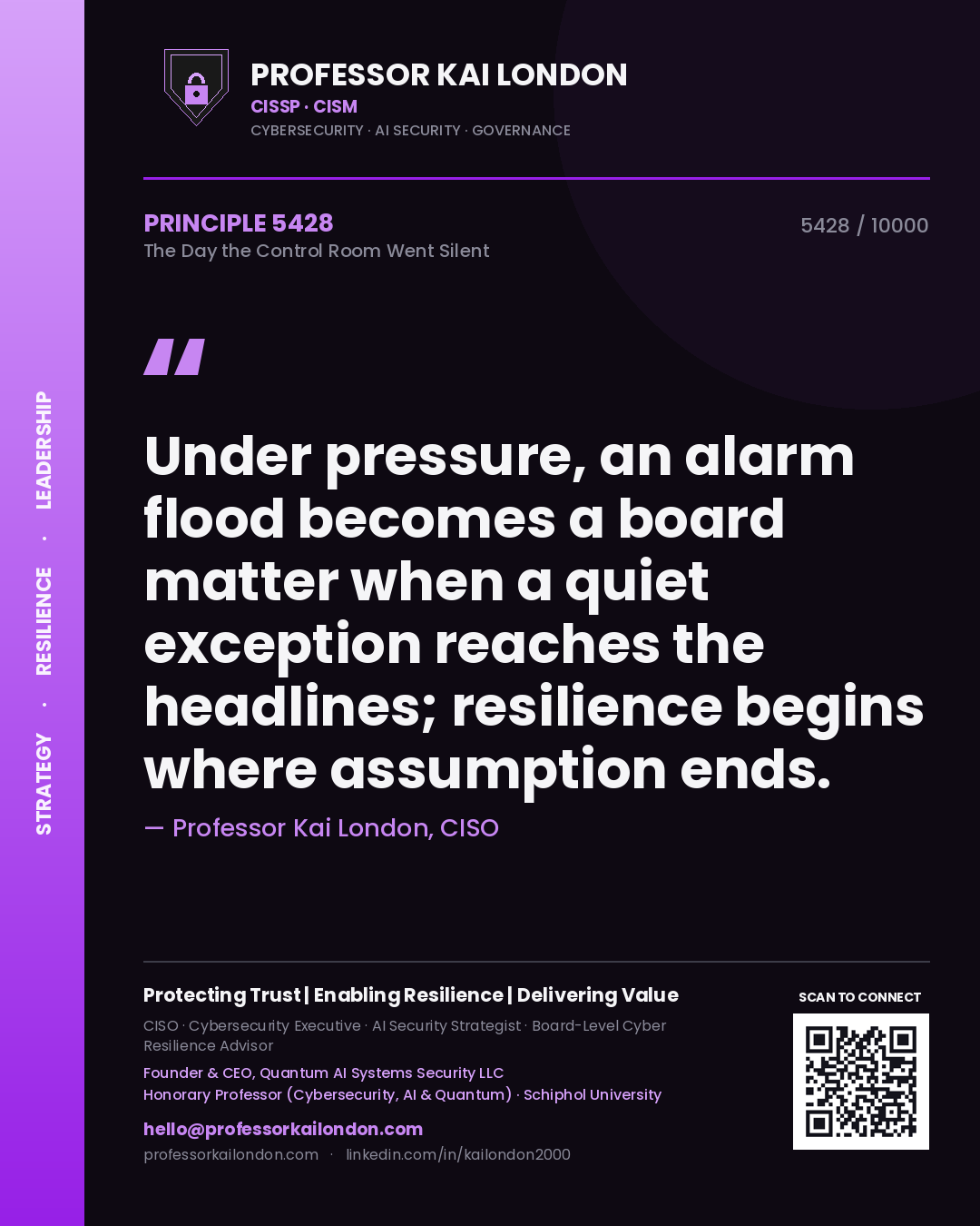 Quote card by Professor Kai London reading 'Under pressure, an alarm flood becomes a board matter when a quiet exception reaches the headlines; resilience begins where assumption ends.'. From the book The Day the Control Room Went Silent.