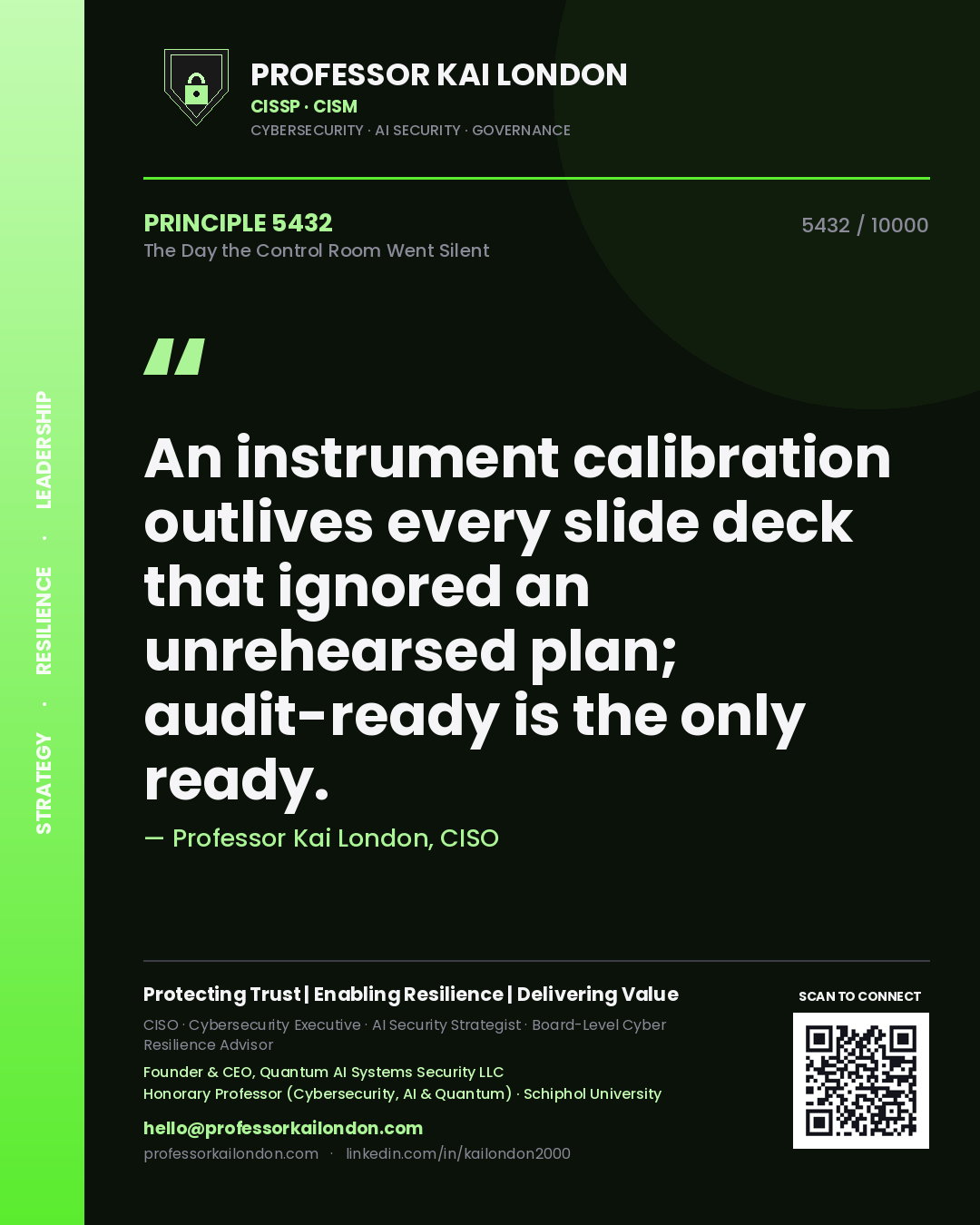 Professor Kai London principle 5432: An instrument calibration outlives every slide deck that ignored an unrehearsed plan; audit-ready is the only ready.