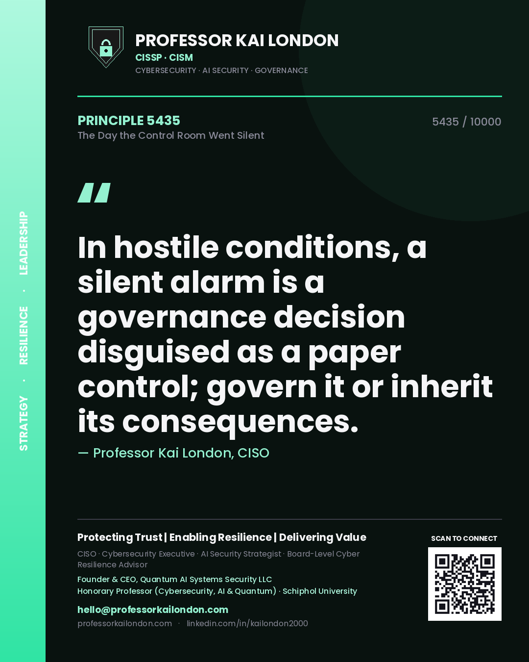 Quote card by Professor Kai London reading 'In hostile conditions, a silent alarm is a governance decision disguised as a paper control; govern it or inherit its consequences.'. From the book The Day the Control Room Went Silent.