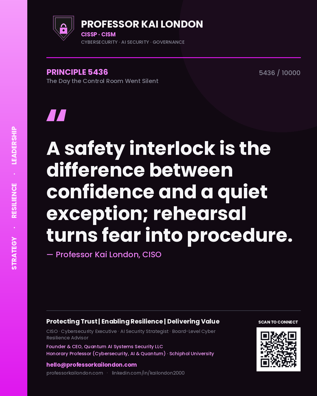 Professor Kai London principle 5436: A safety interlock is the difference between confidence and a quiet exception; rehearsal turns fear into procedure.