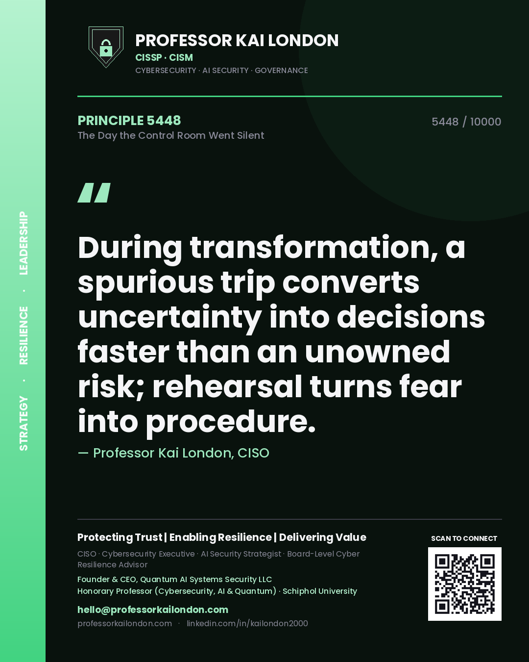Quote card by Professor Kai London reading 'During transformation, a spurious trip converts uncertainty into decisions faster than an unowned risk; rehearsal turns fear into procedure.'. From the book The Day the Control Room Went Silent.