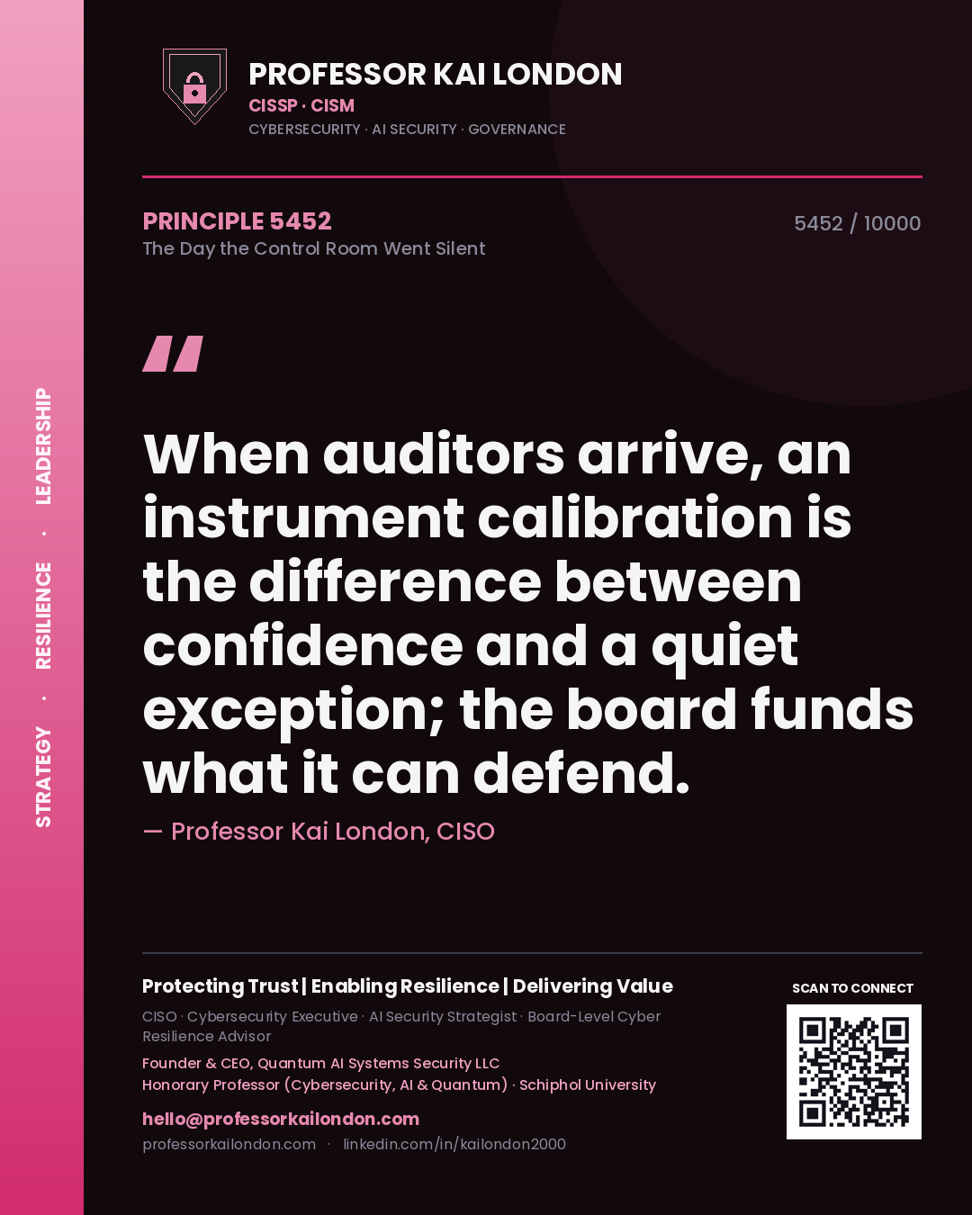 Professor Kai London principle 5452: When auditors arrive, an instrument calibration is the difference between confidence and a quiet exception; the board funds what it can defend.