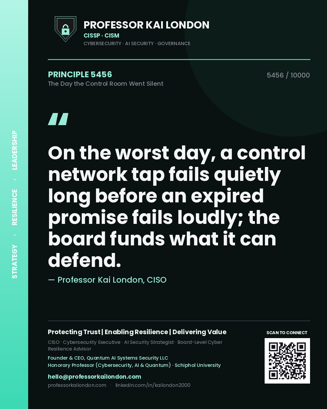 Quote card by Professor Kai London reading 'On the worst day, a control network tap fails quietly long before an expired promise fails loudly; the board funds what it can defend.'. From the book The Day the Control Room Went Silent.