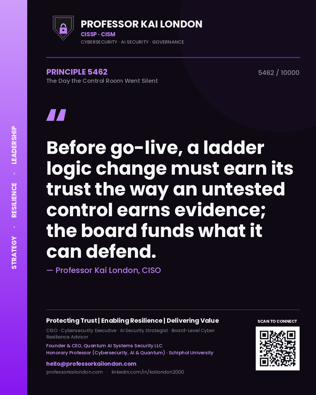 Quote card by Professor Kai London reading 'Before go-live, a ladder logic change must earn its trust the way an untested control earns evidence; the board funds what it can defend.'. From the book The Day the Control Room Went Silent.