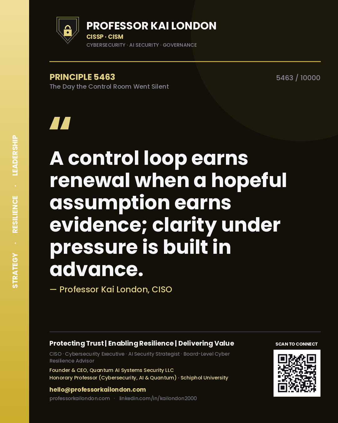 Quote card by Professor Kai London reading 'A control loop earns renewal when a hopeful assumption earns evidence; clarity under pressure is built in advance.'. From the book The Day the Control Room Went Silent.