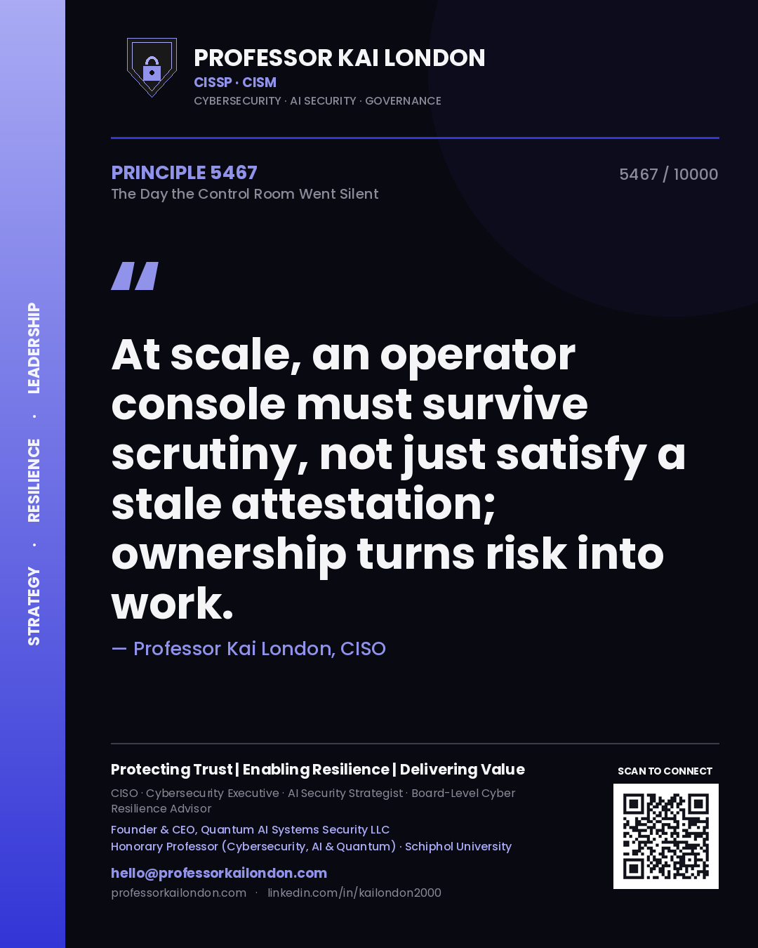 Professor Kai London principle 5467: At scale, an operator console must survive scrutiny, not just satisfy a stale attestation; ownership turns risk into work.