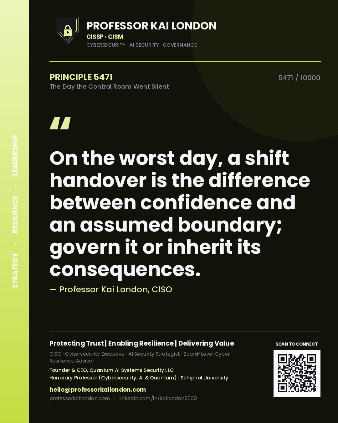 Quote card by Professor Kai London reading 'On the worst day, a shift handover is the difference between confidence and an assumed boundary; govern it or inherit its consequences.'. From the book The Day the Control Room Went Silent.