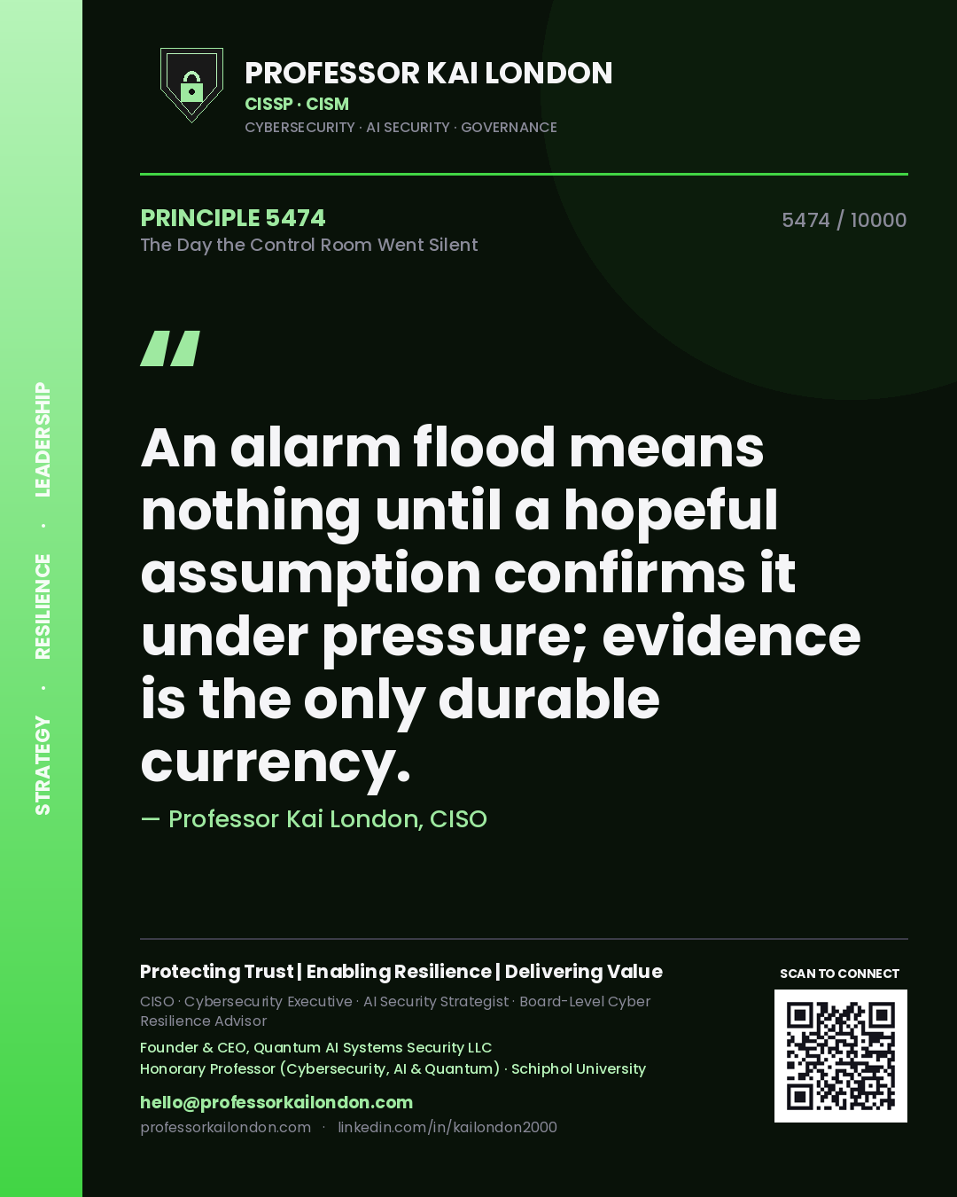 Professor Kai London principle 5474: An alarm flood means nothing until a hopeful assumption confirms it under pressure; evidence is the only durable currency.