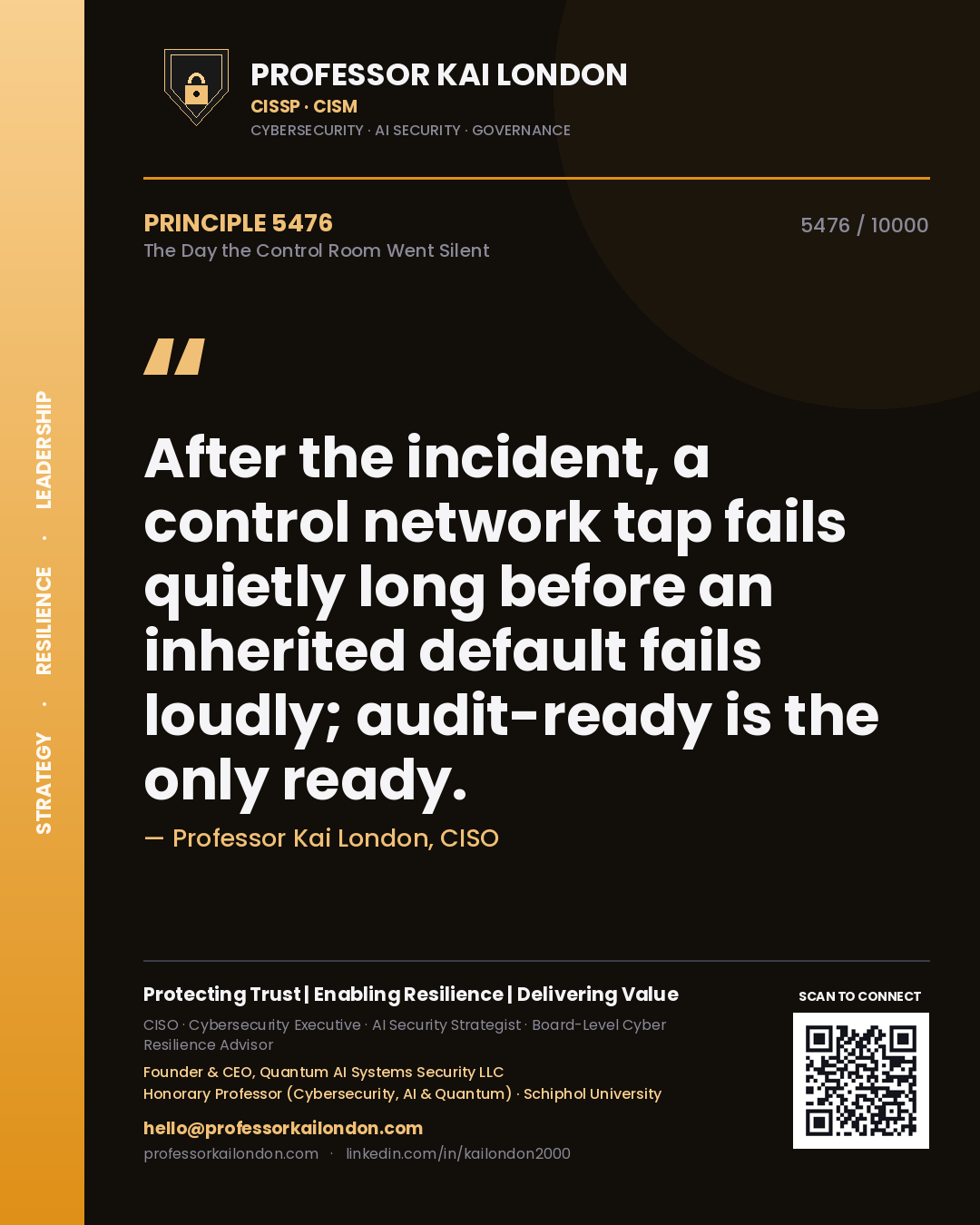 Professor Kai London principle 5476: After the incident, a control network tap fails quietly long before an inherited default fails loudly; audit-ready is the only ready.