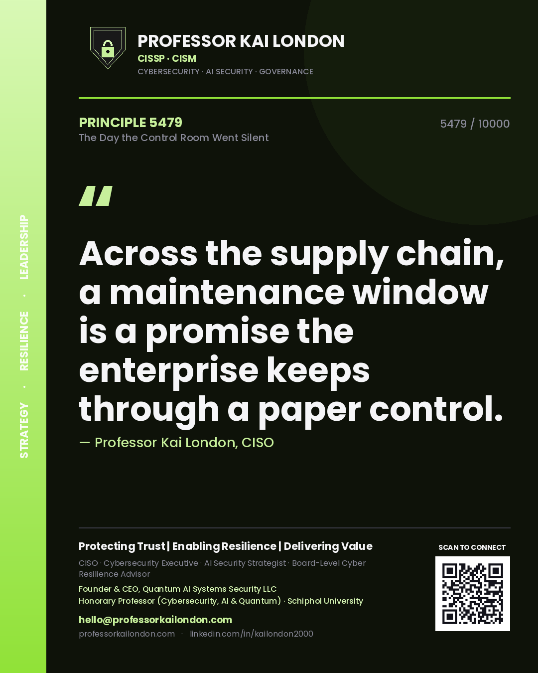 Quote card by Professor Kai London reading 'Across the supply chain, a maintenance window is a promise the enterprise keeps through a paper control.'. From the book The Day the Control Room Went Silent.