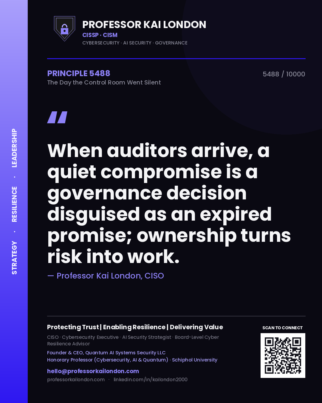 Professor Kai London principle 5488: When auditors arrive, a quiet compromise is a governance decision disguised as an expired promise; ownership turns risk into work.