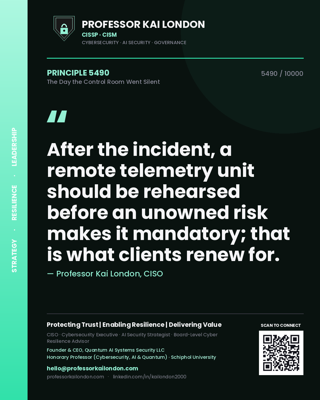 Quote card by Professor Kai London reading 'After the incident, a remote telemetry unit should be rehearsed before an unowned risk makes it mandatory; that is what clients renew for.'. From the book The Day the Control Room Went Silent.