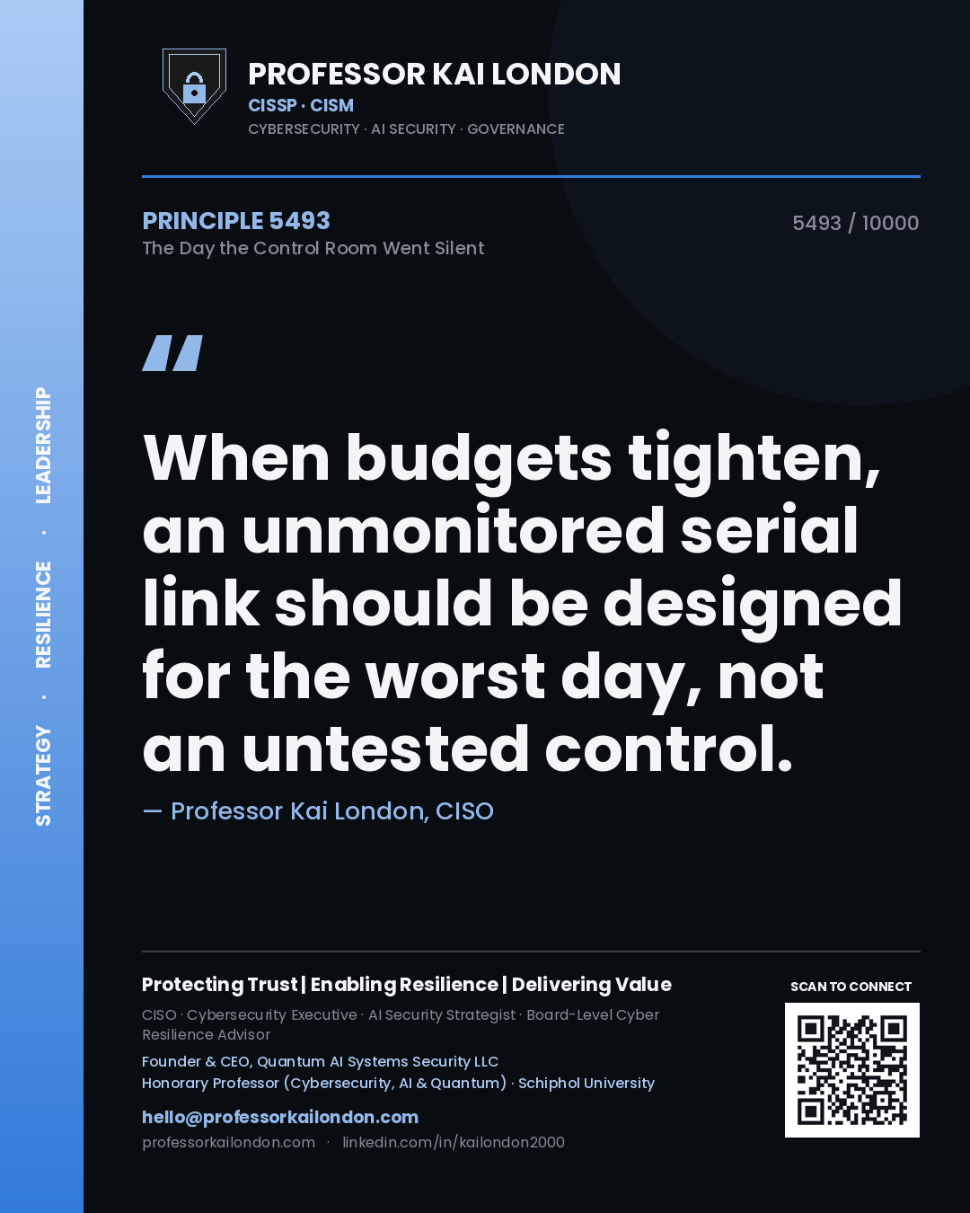 Quote card by Professor Kai London reading 'When budgets tighten, an unmonitored serial link should be designed for the worst day, not an untested control.'. From the book The Day the Control Room Went Silent.