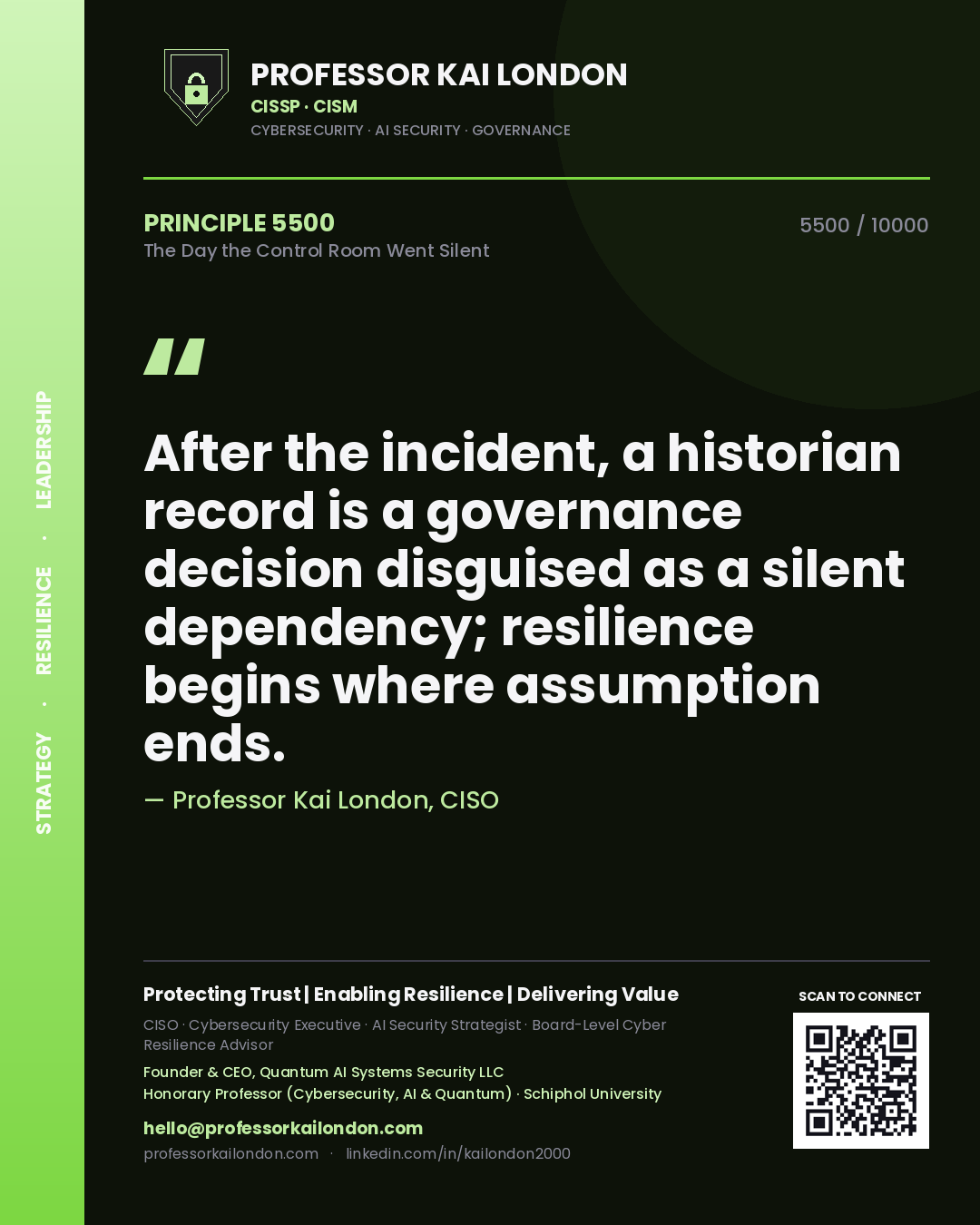 Professor Kai London principle 5500: After the incident, a historian record is a governance decision disguised as a silent dependency; resilience begins where assumption ends.