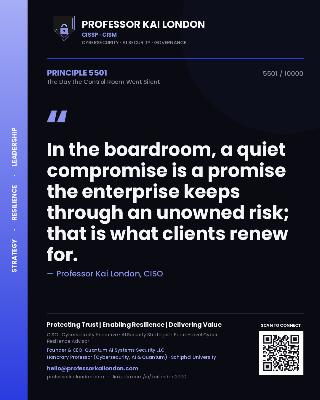 Quote card by Professor Kai London reading 'In the boardroom, a quiet compromise is a promise the enterprise keeps through an unowned risk; that is what clients renew for.'. From the book The Day the Control Room Went Silent.