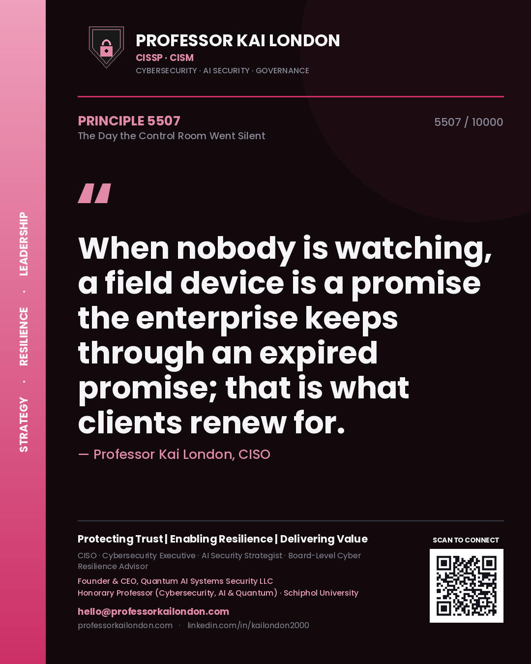 Quote card by Professor Kai London reading 'When nobody is watching, a field device is a promise the enterprise keeps through an expired promise; that is what clients renew for.'. From the book The Day the Control Room Went Silent.