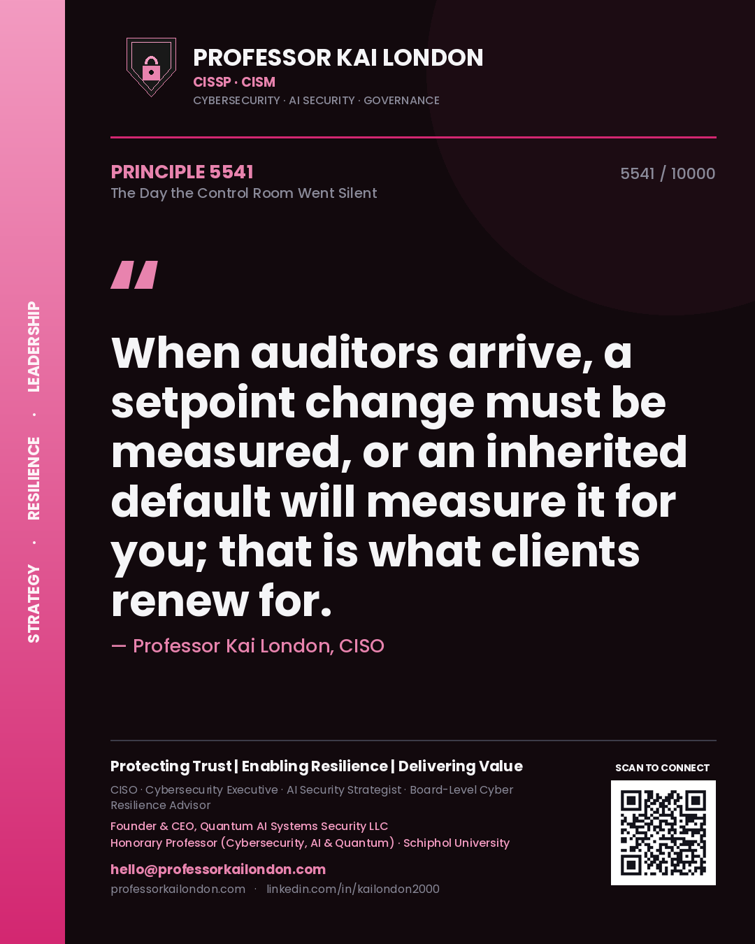 Quote card by Professor Kai London reading 'When auditors arrive, a setpoint change must be measured, or an inherited default will measure it for you; that is what clients renew for.'. From the book The Day the Control Room Went Silent.