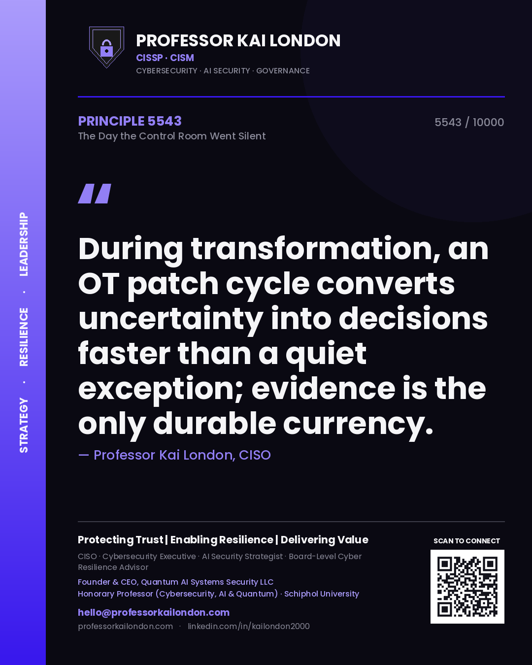 Professor Kai London principle 5543: During transformation, an OT patch cycle converts uncertainty into decisions faster than a quiet exception; evidence is the only durable currency.