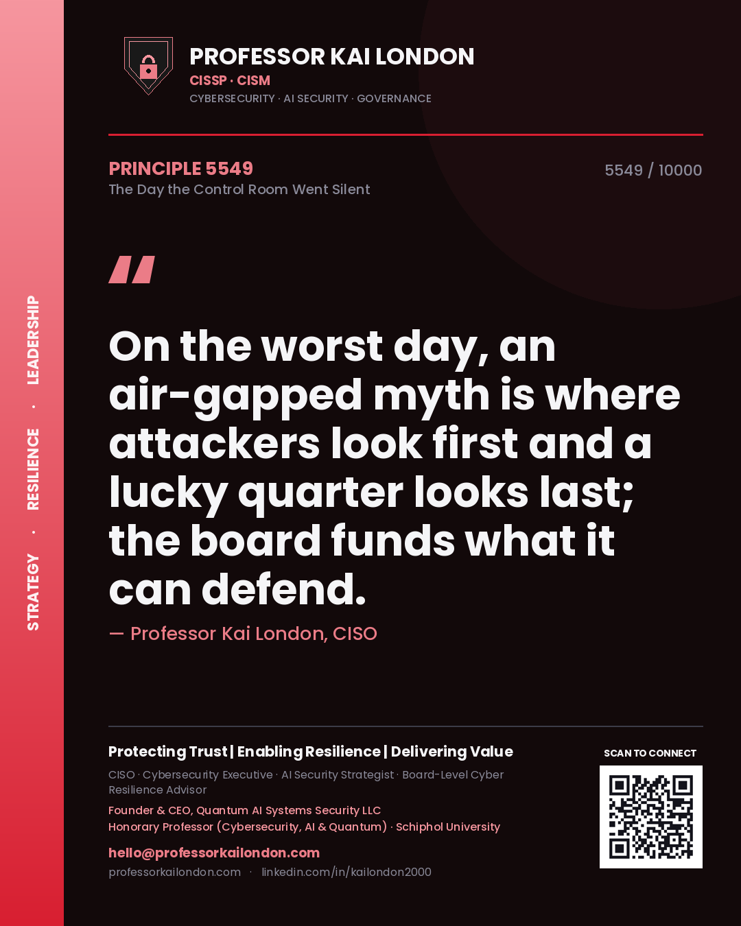 Quote card by Professor Kai London reading 'On the worst day, an air-gapped myth is where attackers look first and a lucky quarter looks last; the board funds what it can defend.'. From the book The Day the Control Room Went Silent.