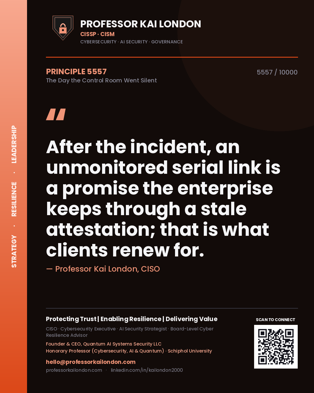 Quote card by Professor Kai London reading 'After the incident, an unmonitored serial link is a promise the enterprise keeps through a stale attestation; that is what clients renew for.'. From the book The Day the Control Room Went Silent.